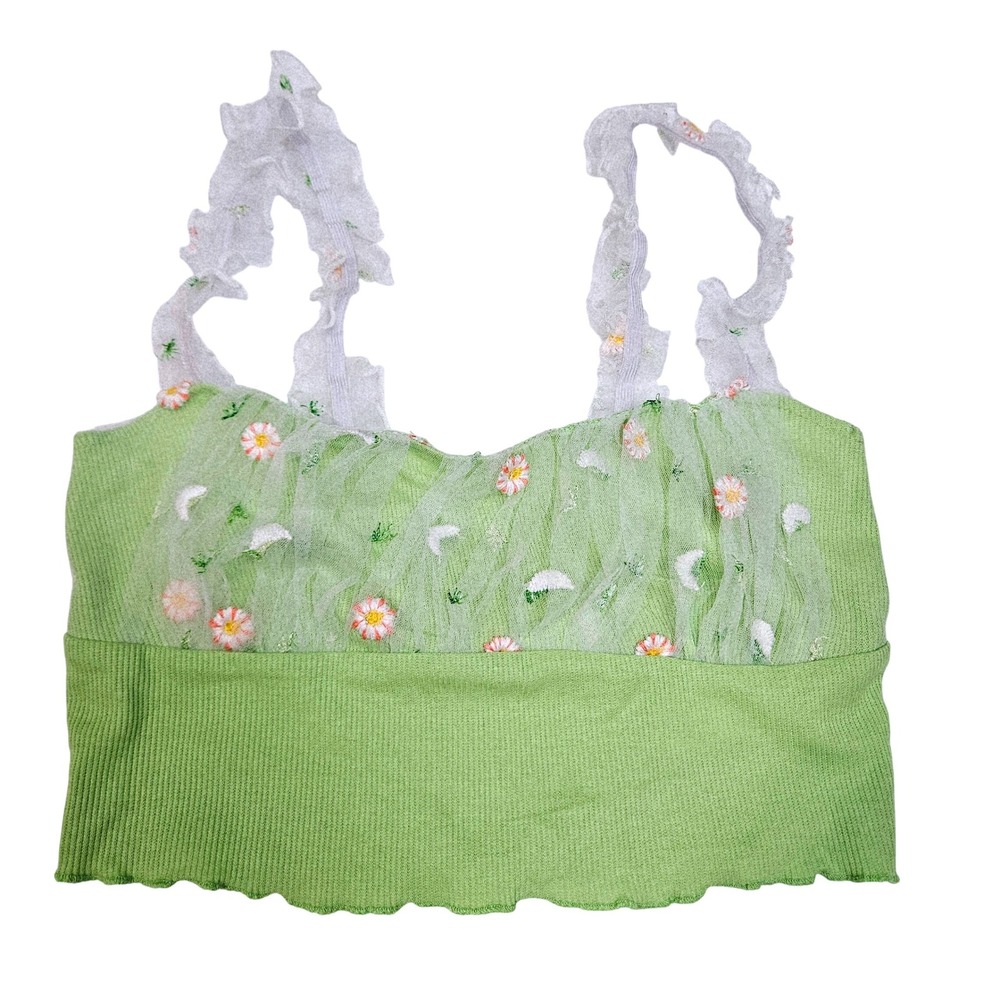 Fairy Green Daisy Floral Mesh Ruffle Crop Top XS Cottagecore Soft-Girl Festival
